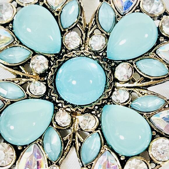 Turquoise Inlay Silver Brooch Pin Cross Crystal Rhinestones Theme Faux 5.7cm - Picture 3 of 5